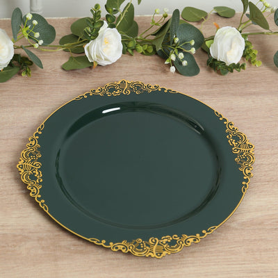 20-Pack Economy Plastic Round Charger Plates 13" in Hunter Emerald Green with Gold Embossed Baroque Rim, Stylish Dinner Party Serving Plates