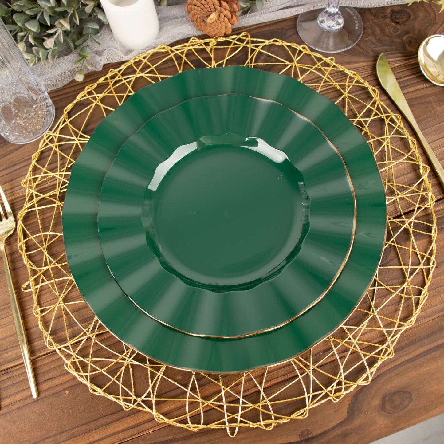 10-Pack Plastic 9" Round Dinner Plates in Hunter Emerald Green Ruffled Rim with Gold Edging - Sturdy Disposable Dinnerware