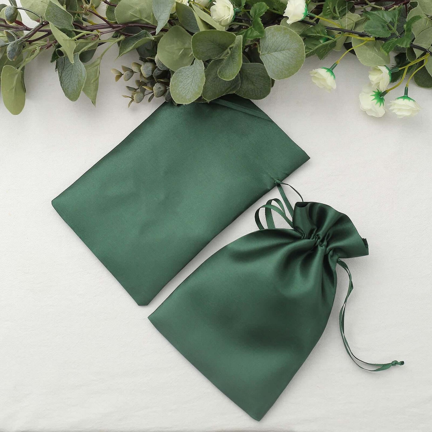 12 Pack 6"x9" Hunter Emerald Green Satin Wedding Party Favor Bags, Drawstring Pouch Gift Bags