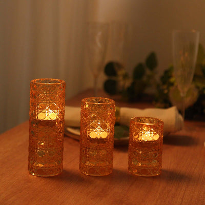 Set of 3 Glass Taper Candle Holders Amber Gold with Gemstone Pattern - Dual Sided Crystal Cylinder Tealight Stands 3", 4", 5.5"