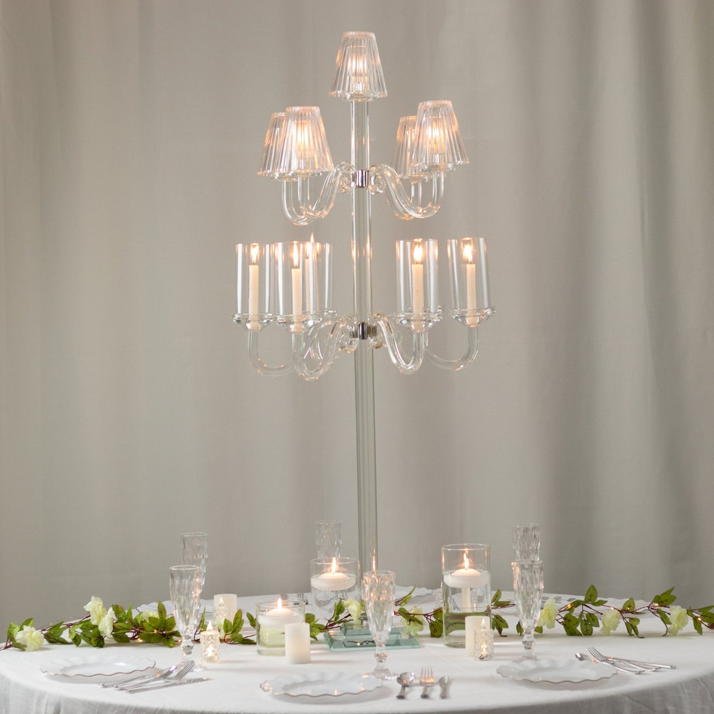 11-Arm Crystal Glass Candelabra â€“ 50" Floor Candle Holder for Taper & Tealight Candles with Empire & Cylinder Lampshades, Perfect for Weddings & Home Decor