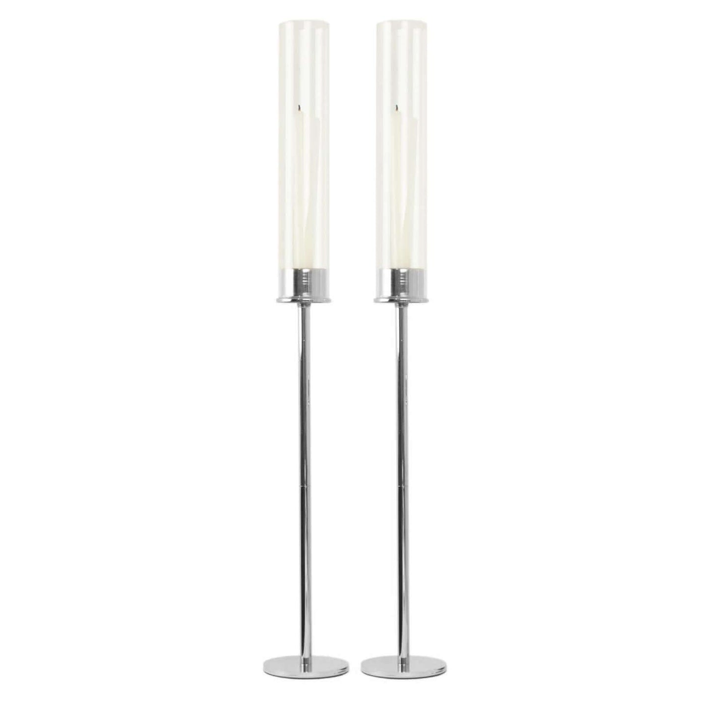 2-Pack Silver Metal Taper Candlestick Holders, Clear Glass Hurricane Candle Stands With Chimney Candle Shades 24"