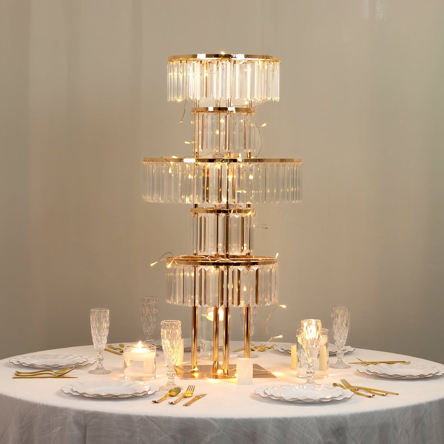 40" Crystal Pendant Table Centerpiece in 5-Tier Gold, Round Flower Stand Metal Vase Chandelier with Hanging Crystals