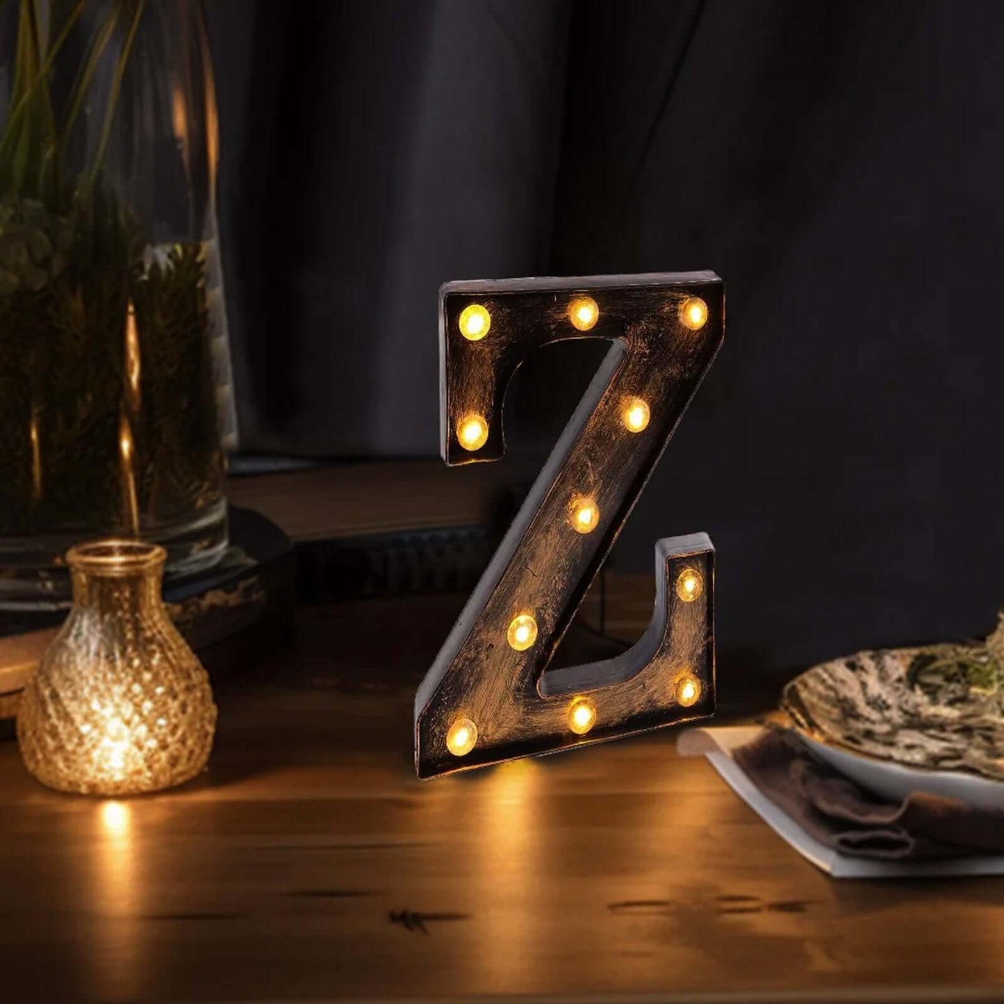 LED Marquee Letter "Z" Industrial Style Antique Black - Light-Up Alphabet Sign for Weddings & Displays 9"