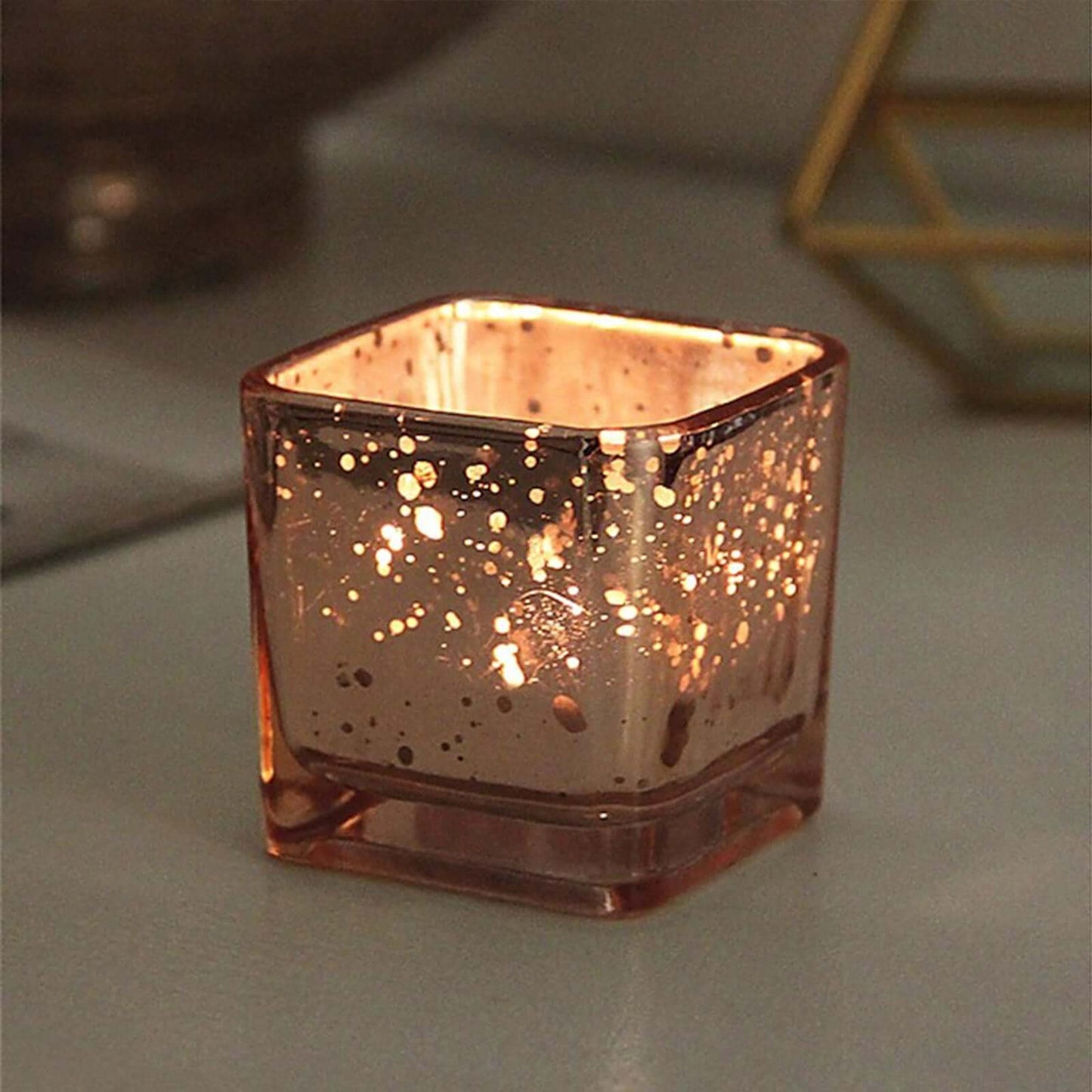 12-Pack Mercury Glass Candle Holders Rose Gold with Speckled Design - Square Votive Tealight Holders 2"