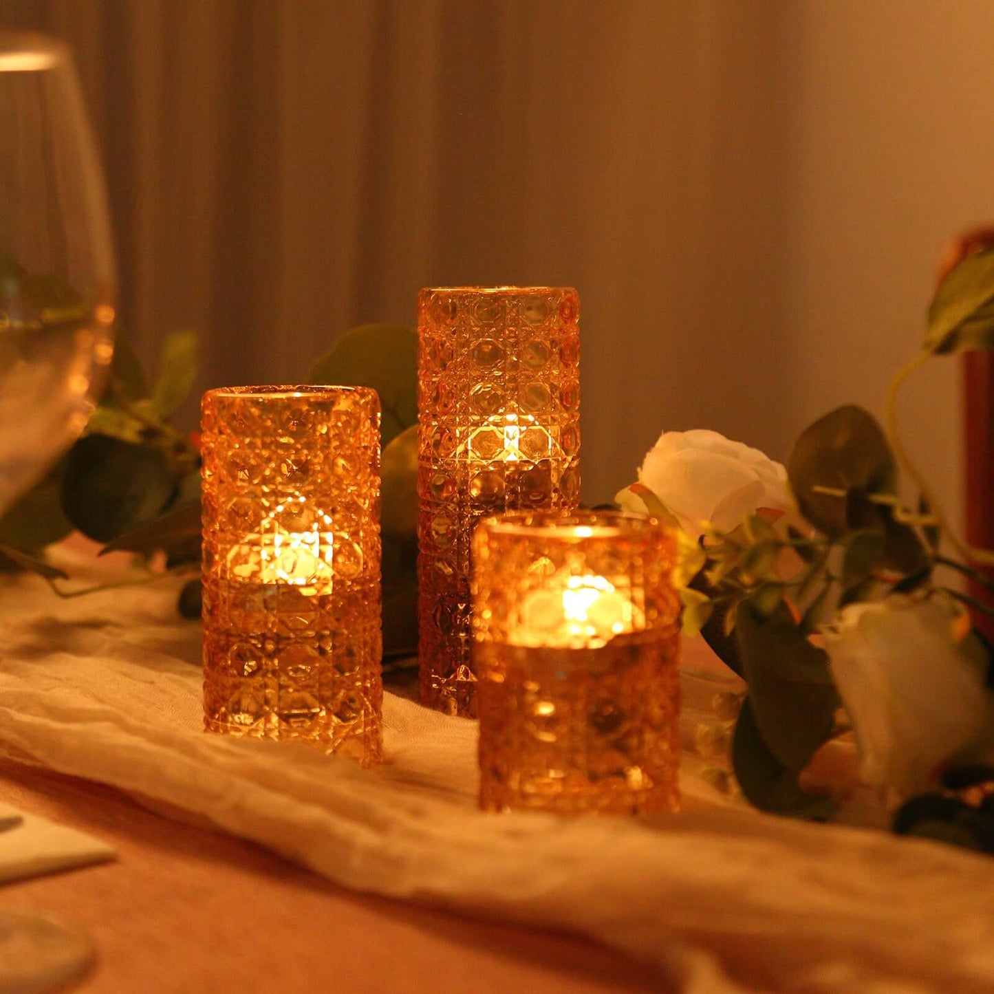 Set of 3 Glass Taper Candle Holders Amber Gold with Gemstone Pattern - Dual Sided Crystal Cylinder Tealight Stands 3", 4", 5.5"