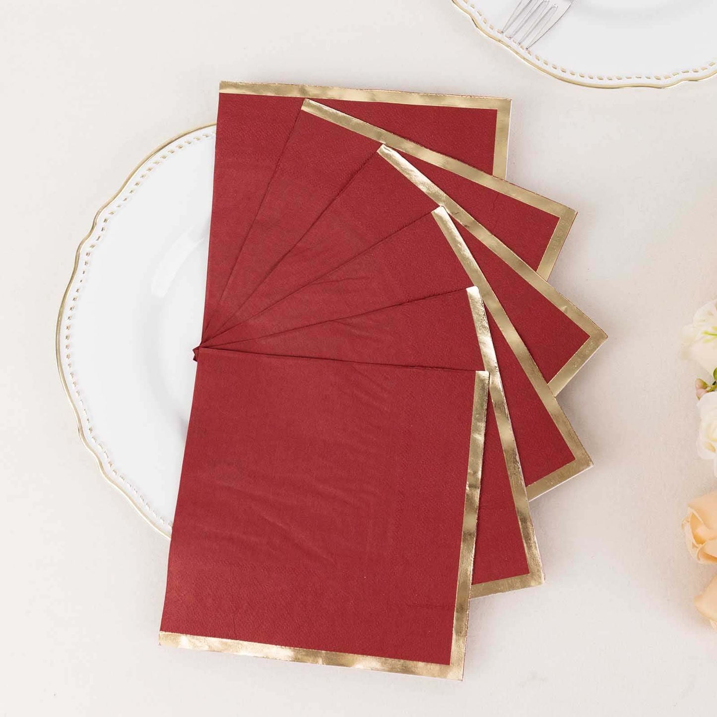 50-Pack Paper Beverage Napkins with Gold Foil Edge Burgundy - Disposable 2 Ply Cocktail Napkins for Events 6.5"x6.5"