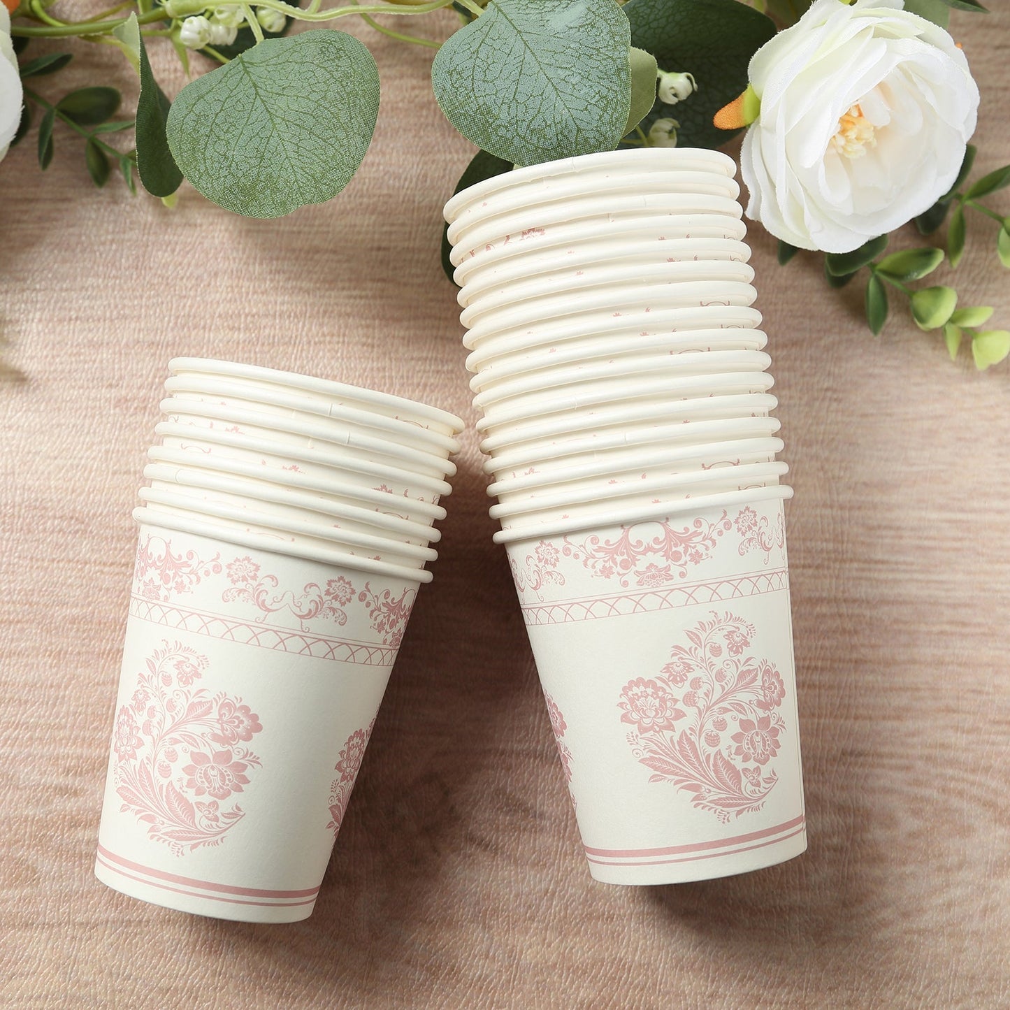24 Pack Disposable Paper Cups in White Pink Damask Floral Pattern, Elegant Party Cups - 9oz