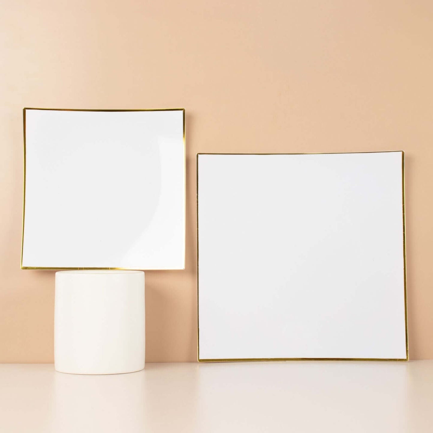 10-Pack Plastic 8" Square Dessert Plates in White Concave Style with Gold Rim - Modern Disposable Salad Appetizer Party Plates for Weddings & Special Events