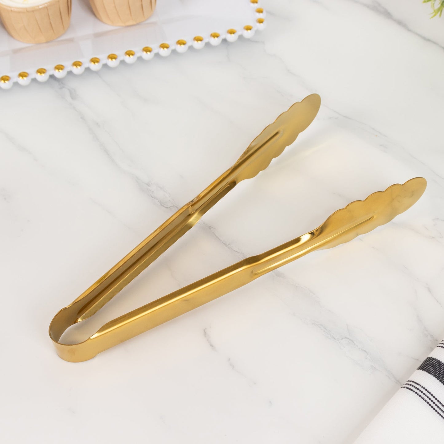 10-Pack Metal Serving Tongs Gold - Stainless Steel Food Safe Kitchen Tongs with Scalloped Gripping Edge for Indoor & Outdoor Gatherings 9.5"