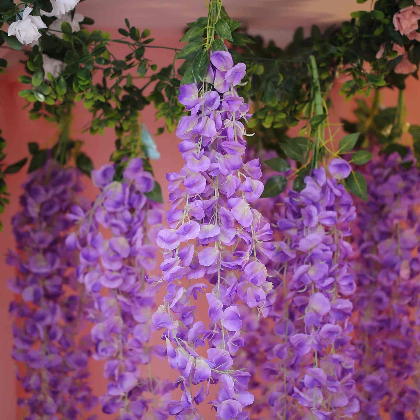 42" Silk Hanging Wisteria Flower Garland Vines in Lavender Lilac, Elaborated 5 Full Strands in 1 Bush