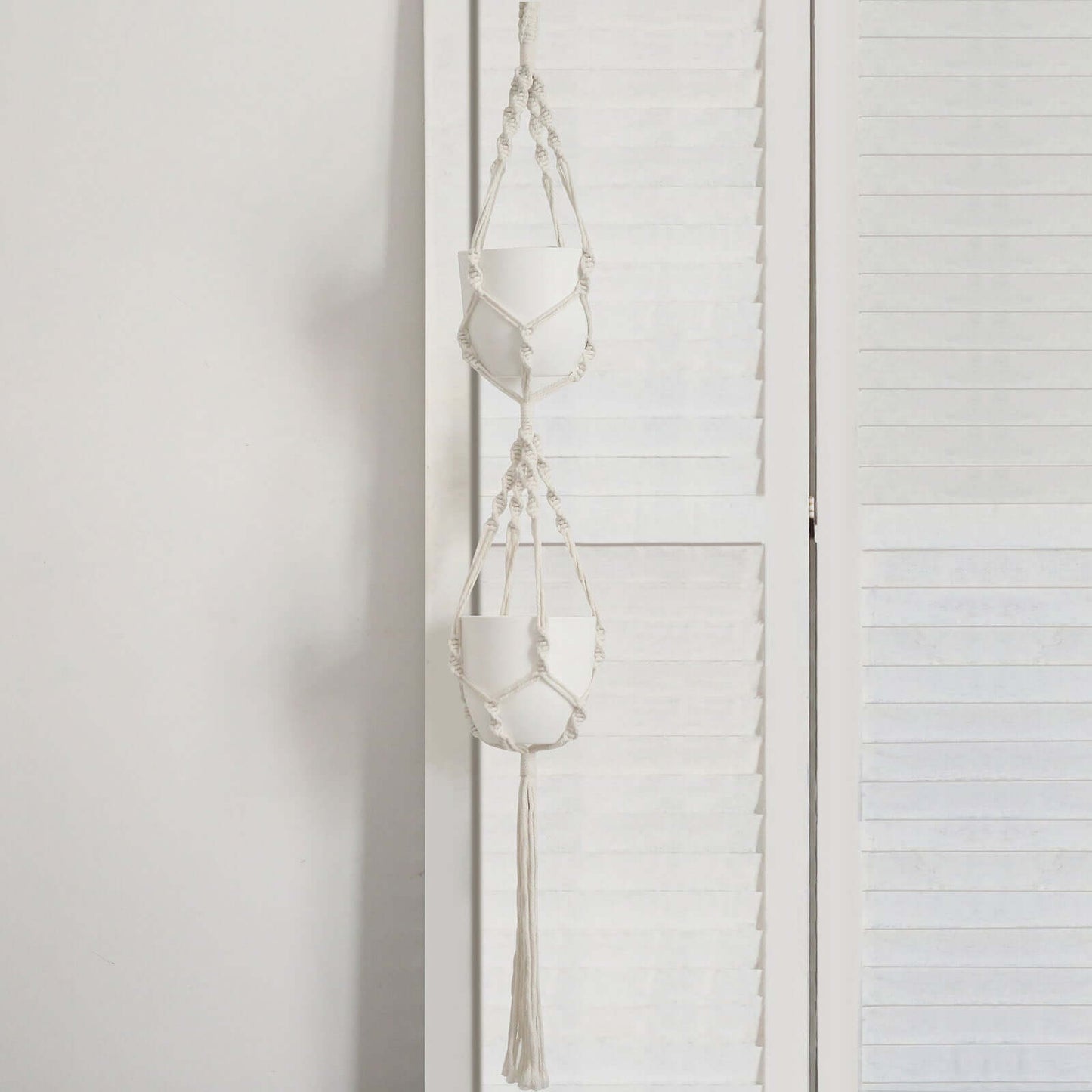 2-Tier Hanging Planter Basket with Tassels Ivory Double Boho Design - Cotton Rope Indoor Decorative Holders