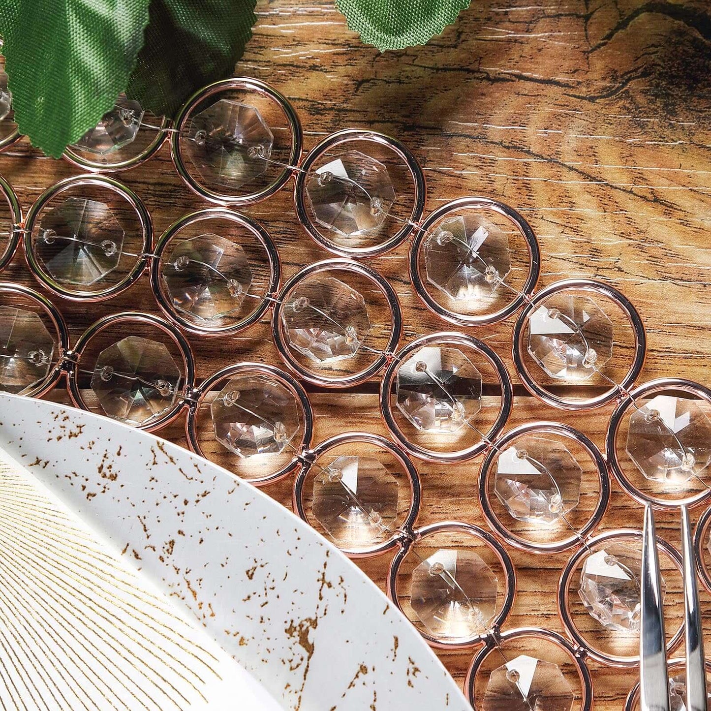 Wired Metal Round Charger Plate 14" in Rose Gold with Acrylic Crystal Beads, Glamorous Decorative Dinner Charger Tableware