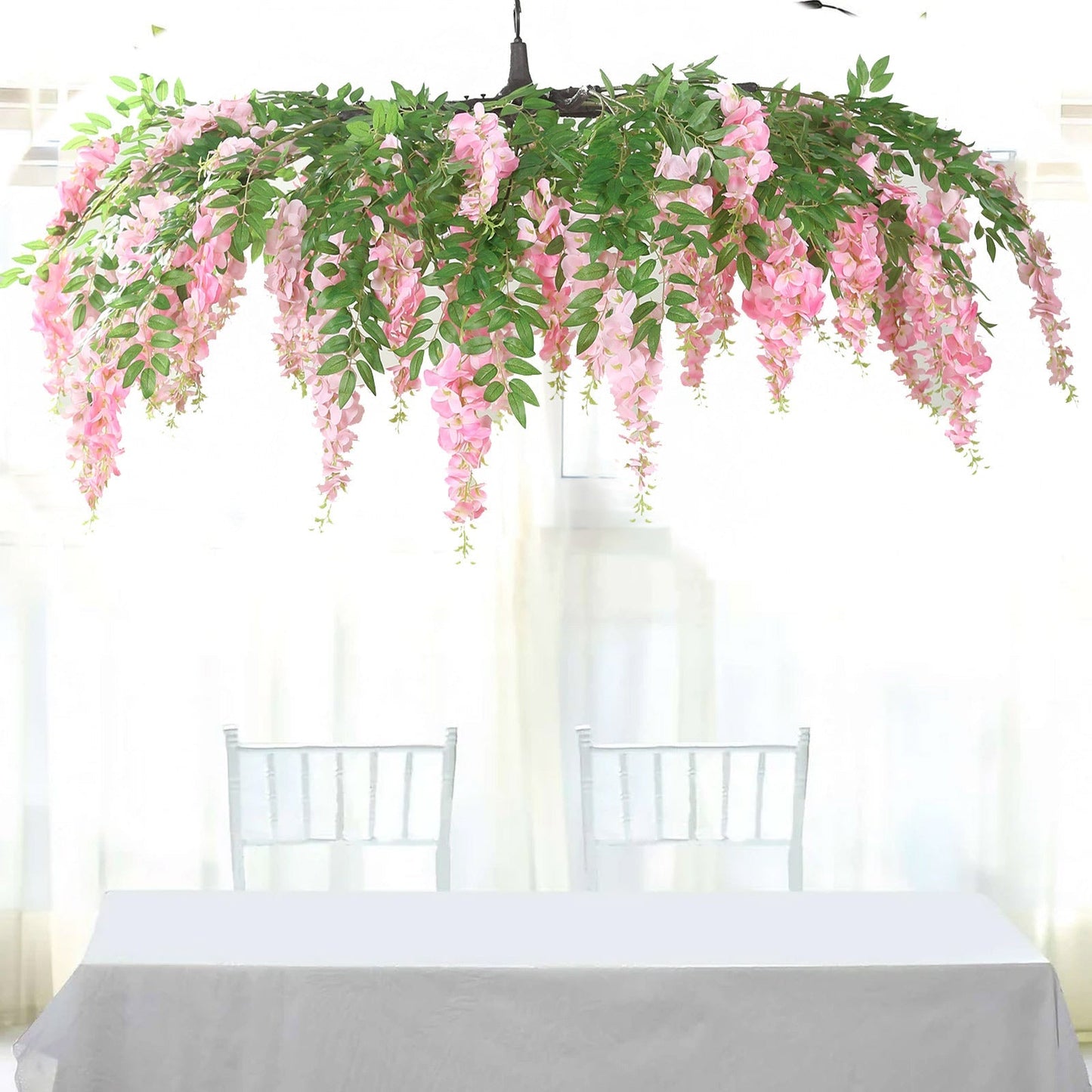 55" Artificial Silk Wisteria Vine Round Hanging Canopy Pink in & Dusty Rose, Draping Garland Flower Chandelier With Interchangeable Branches