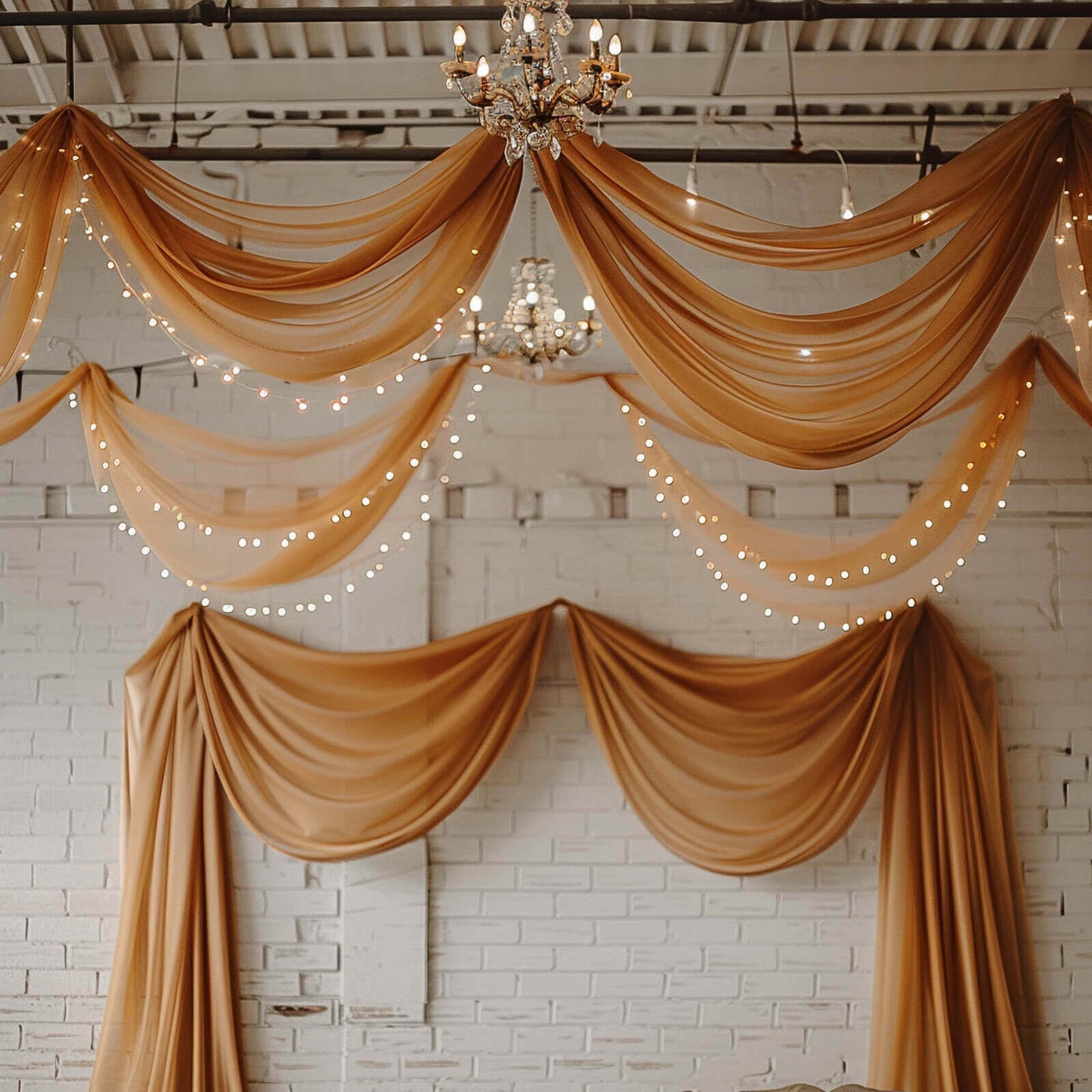 5ftx32ft Gold Chiffon Curtain Panel, Durable Flame Resistant Backdrop Ceiling Drapery With Rod Pocket
