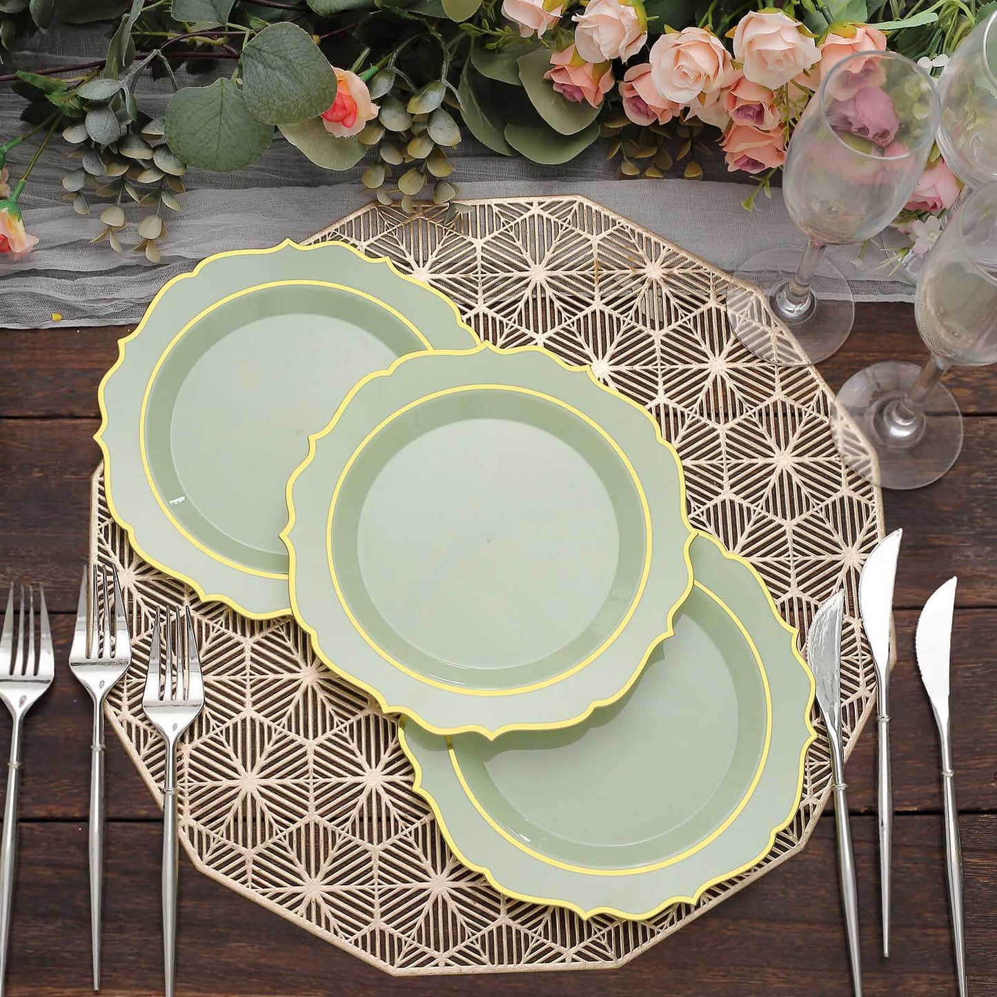 10-Pack Plastic 8" Round Dessert Plates in Sage Green with Gold Scalloped Rim - Disposable Appetizer/Salad Plates