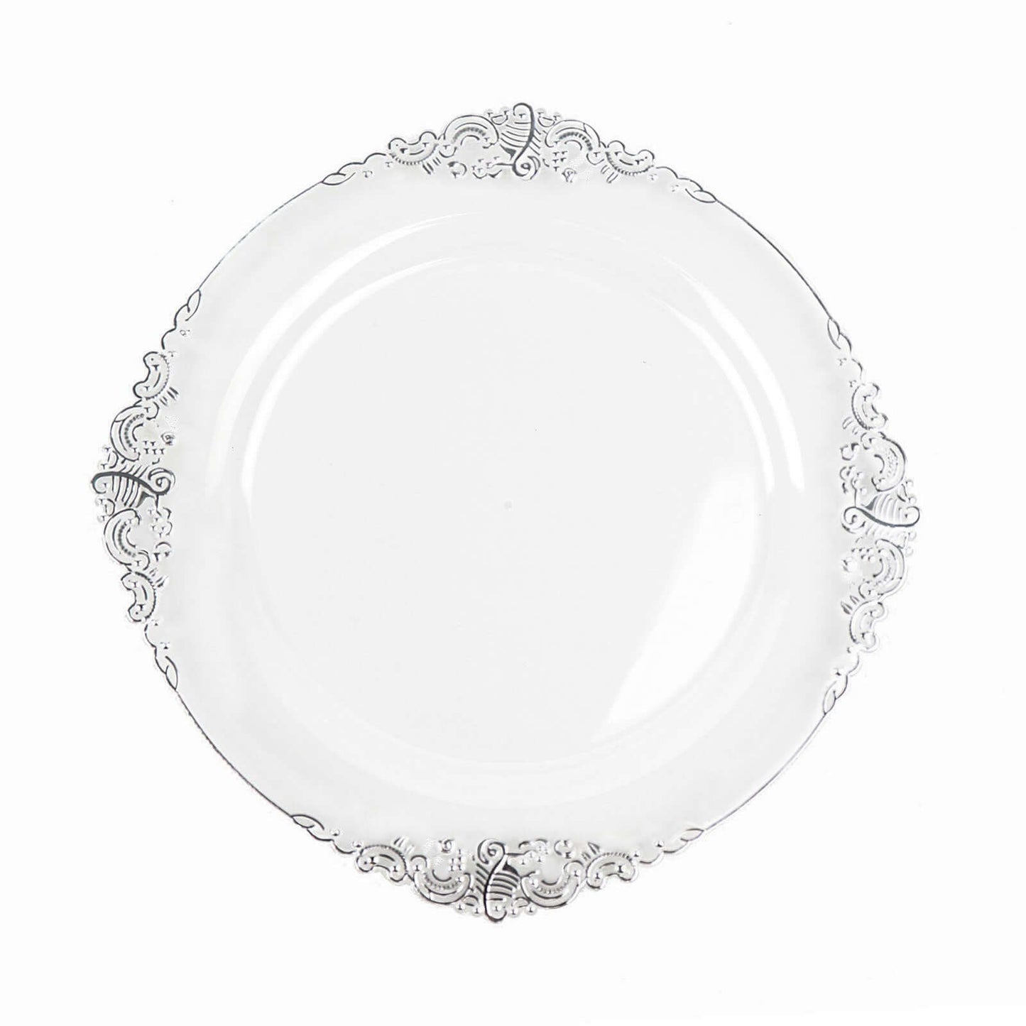 10-Pack Plastic 10" Round Dinner Plates in Clear with Silver Leaf Embossed Rim - Disposable Vintage Baroque Style Plates
