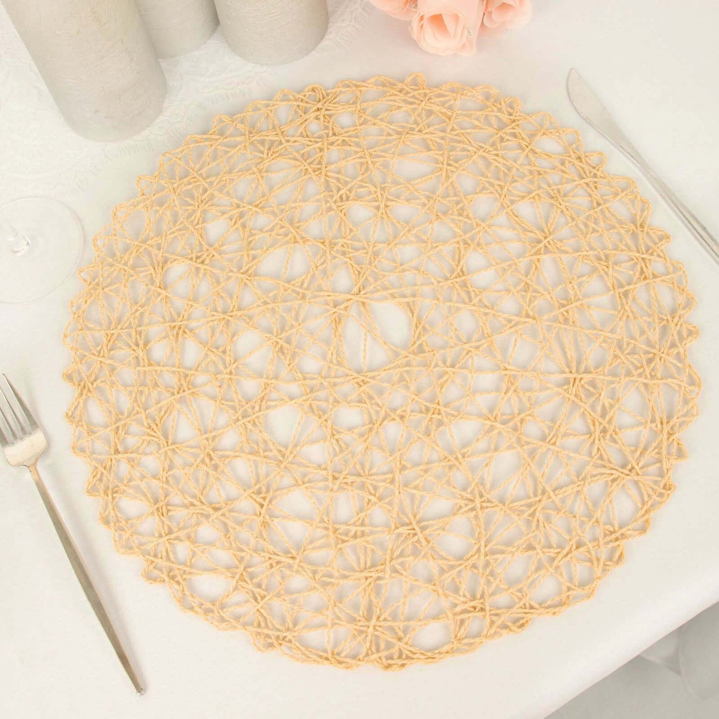 6-Pack Table Placemats Woven Fiber Design Beige Round - Disposable Mats for Dining and Events 15"