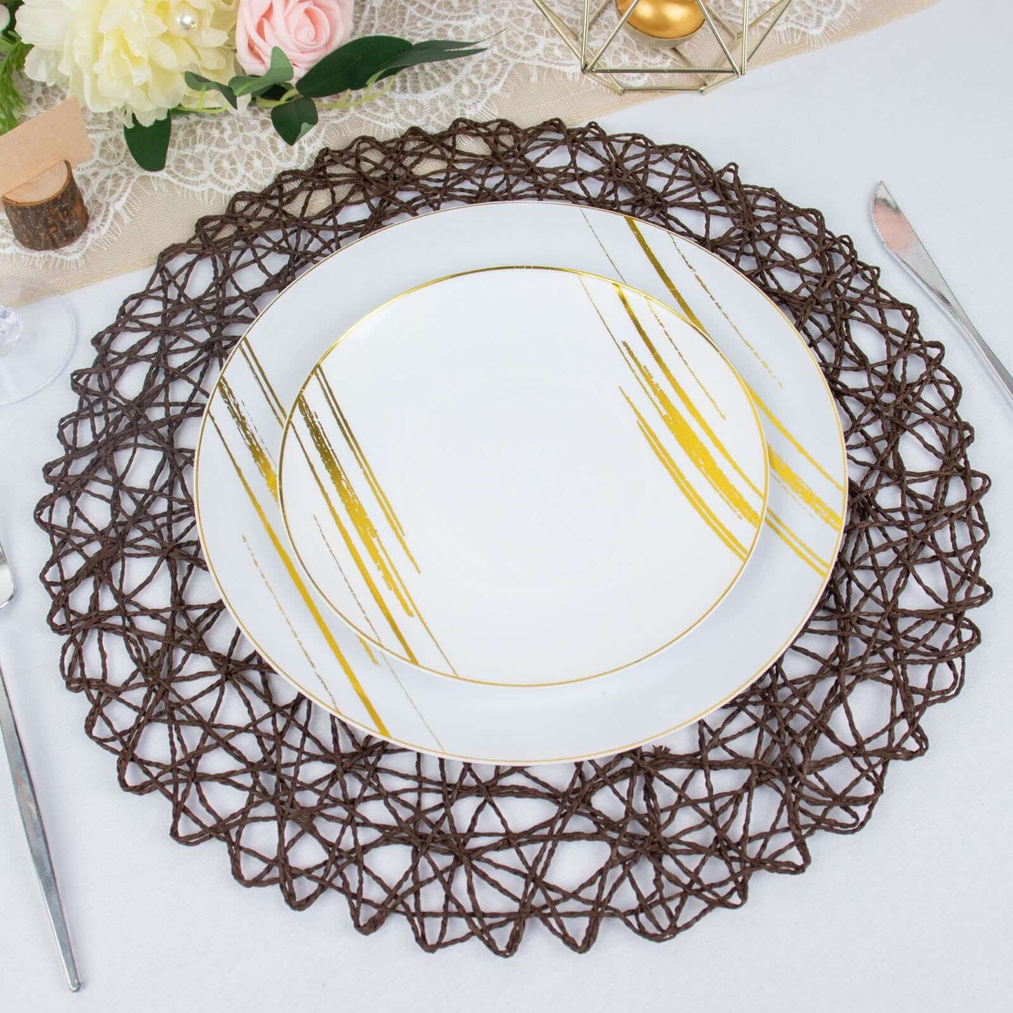 6-Pack Table Placemats Woven Fiber Design Dark Brown Round - Disposable Mats for Dining and Events 15"