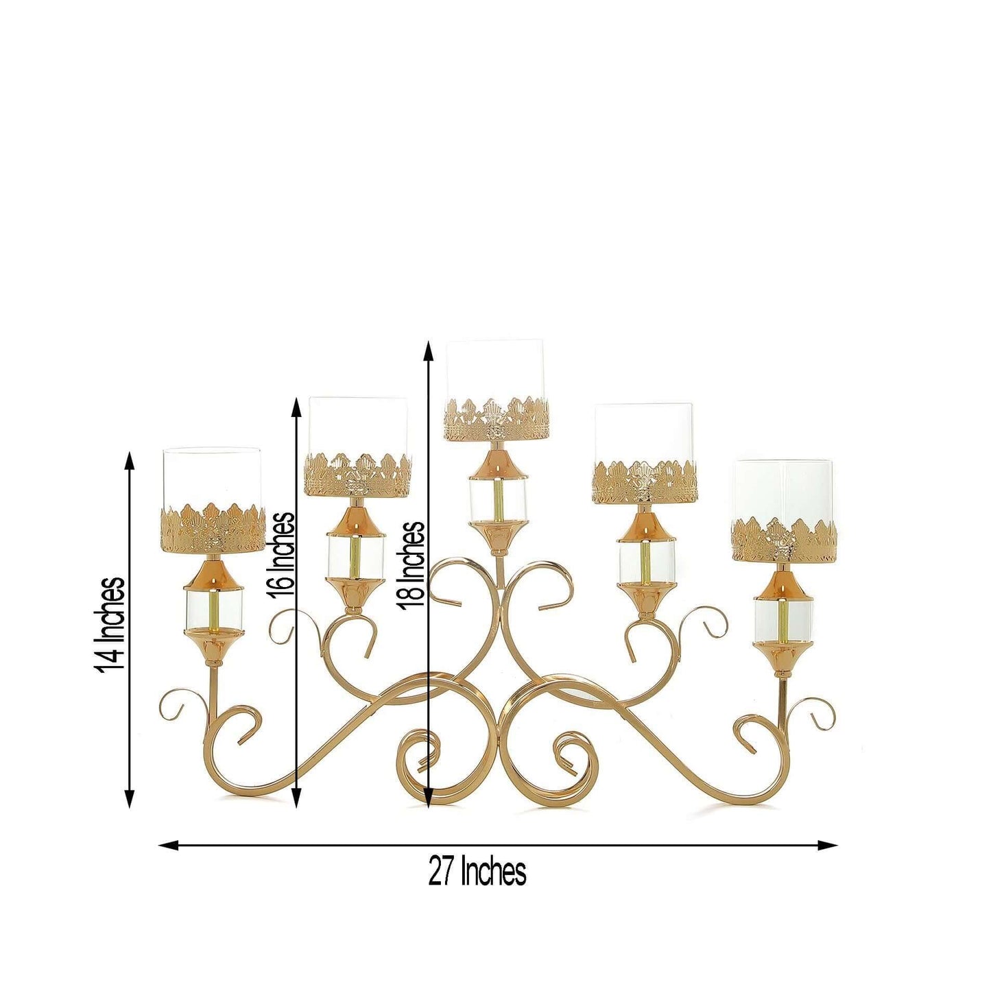 5-Arm Metal Table Candelabra Antique Gold Crown Top Design - Stylish Horizontal Table Centerpiece with Glass Votive Holders 18"
