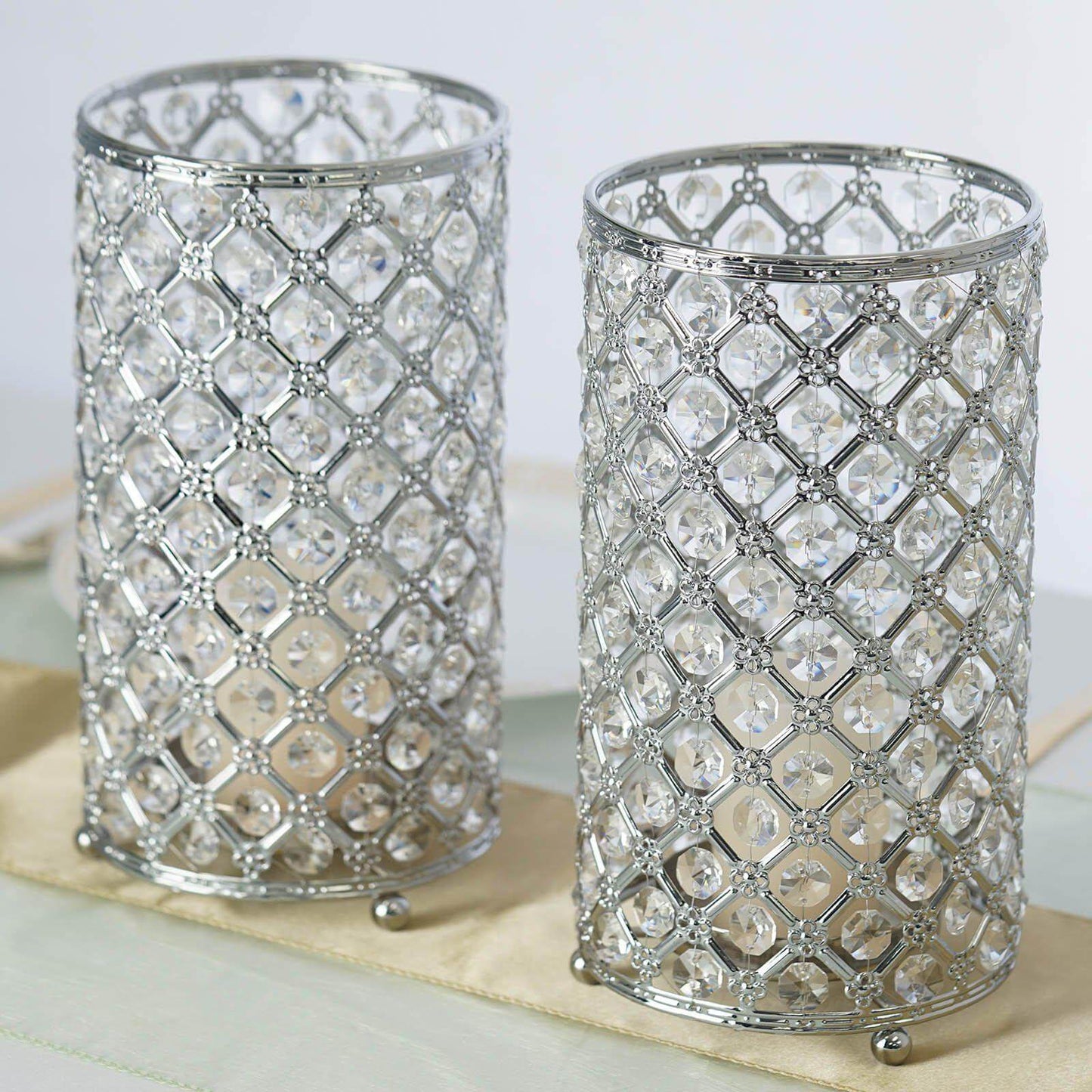 2-Pack Metal Crystal Beaded Pillar Holders Metallic Silver - Versatile Stem Vase Set for Decor 9"