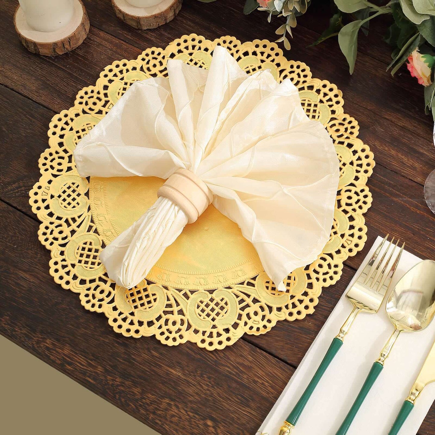 50 Pcs Paper 12" Round Placemats in Gold - Food Grade Lace Paper Doilies for Dessert Display & Table Decor