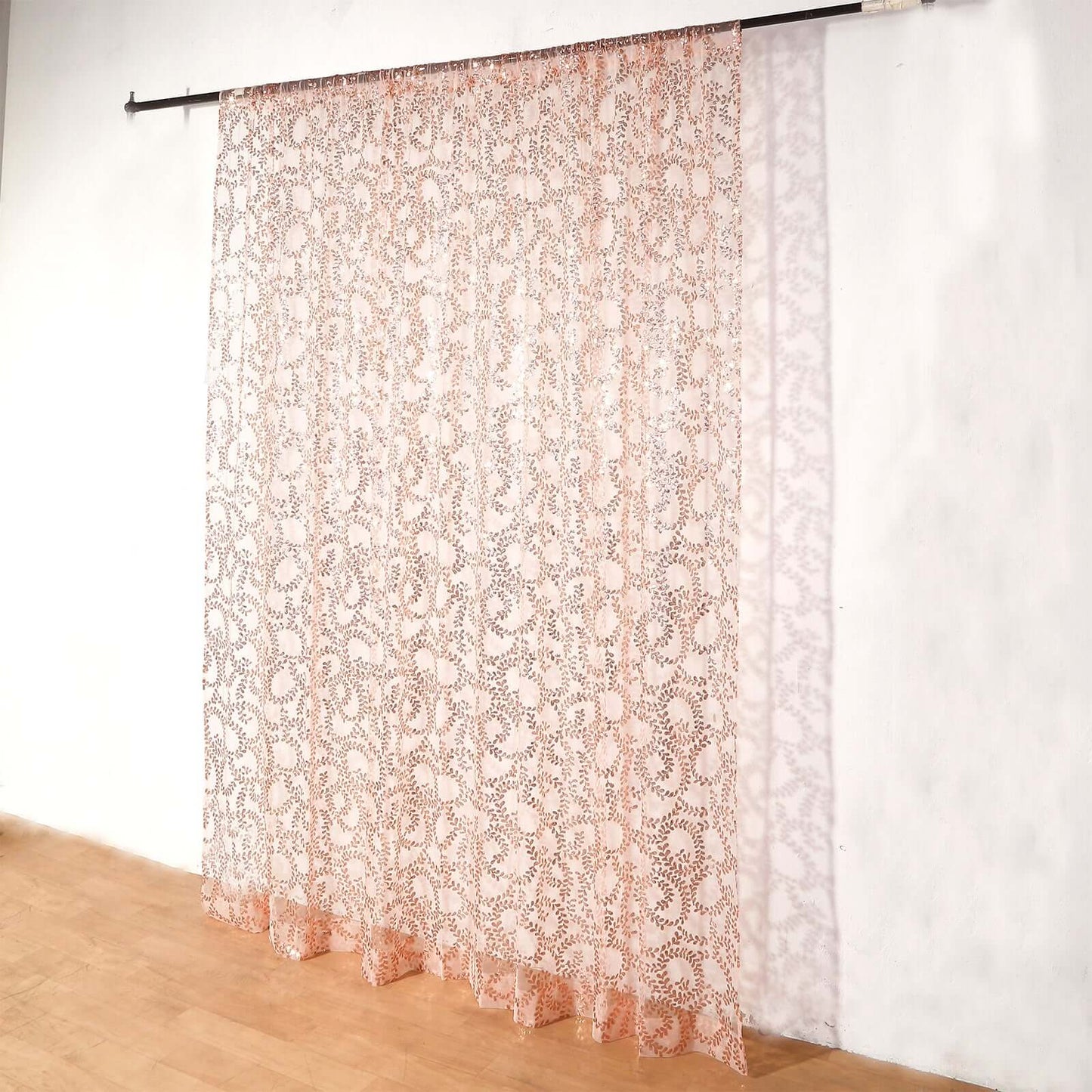 8ftx8ft Rose Gold Embroider Sequin Event Curtain Drapes, Sparkly Sheer Backdrop Event Panel With Embroidery Leaf