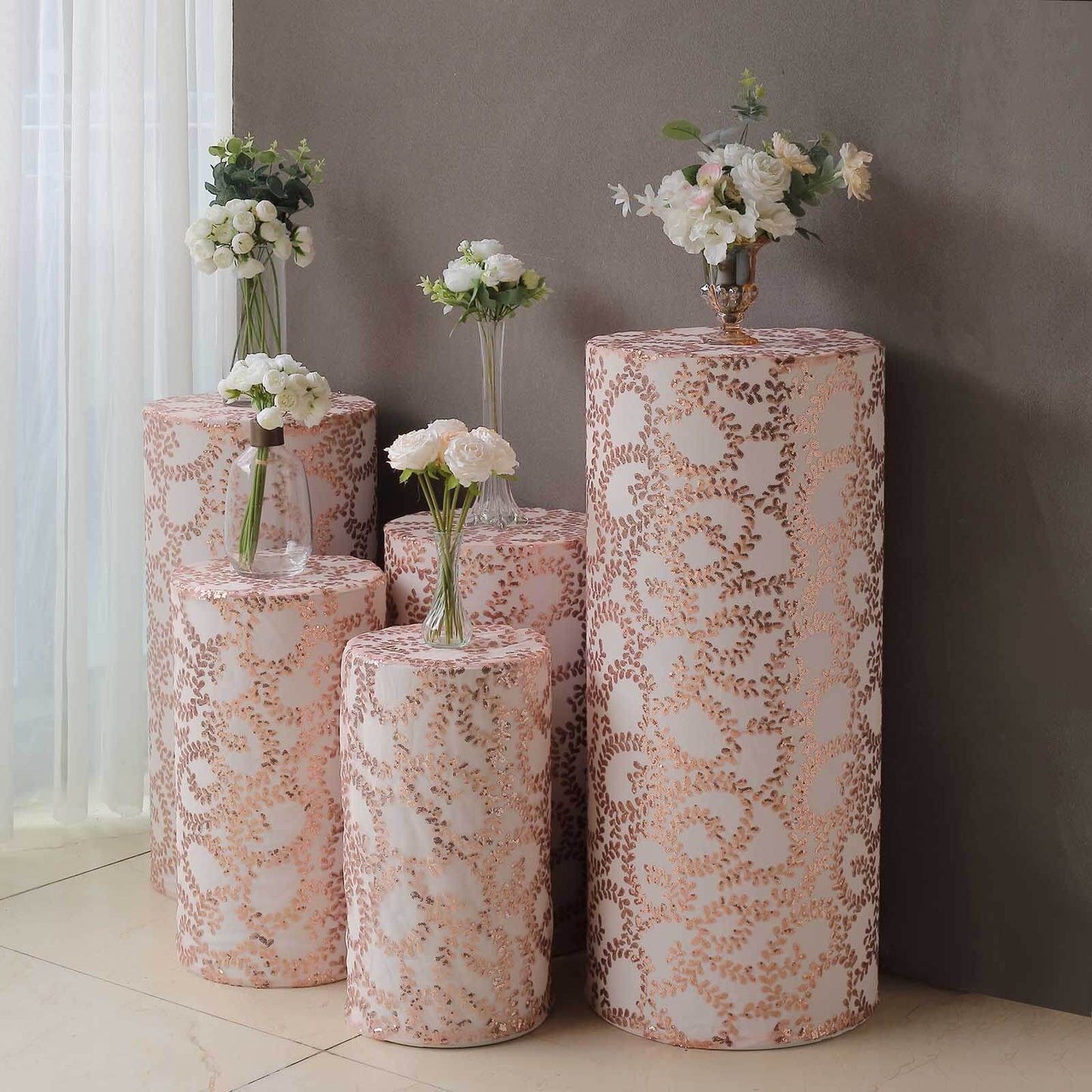 Set of 5 Rose Gold Sequin Mesh Cylinder Pedestal Stand Covers with Leaf Vine Embroidery, Sparkly Sheer Tulle Pillar Prop Covers