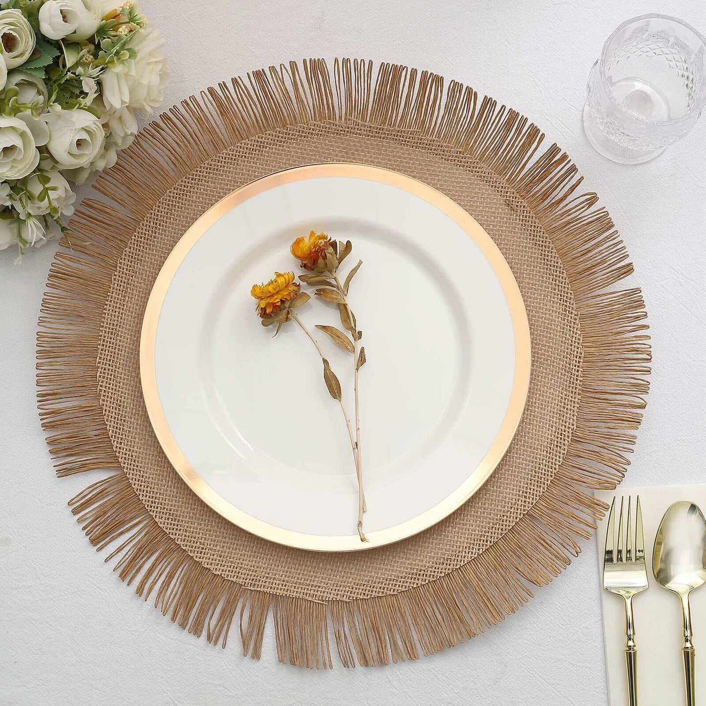 4-Pack Placemats Fringe Edge Design Natural Jute Round - Rustic Boho Chic Burlap Table Decor 16"