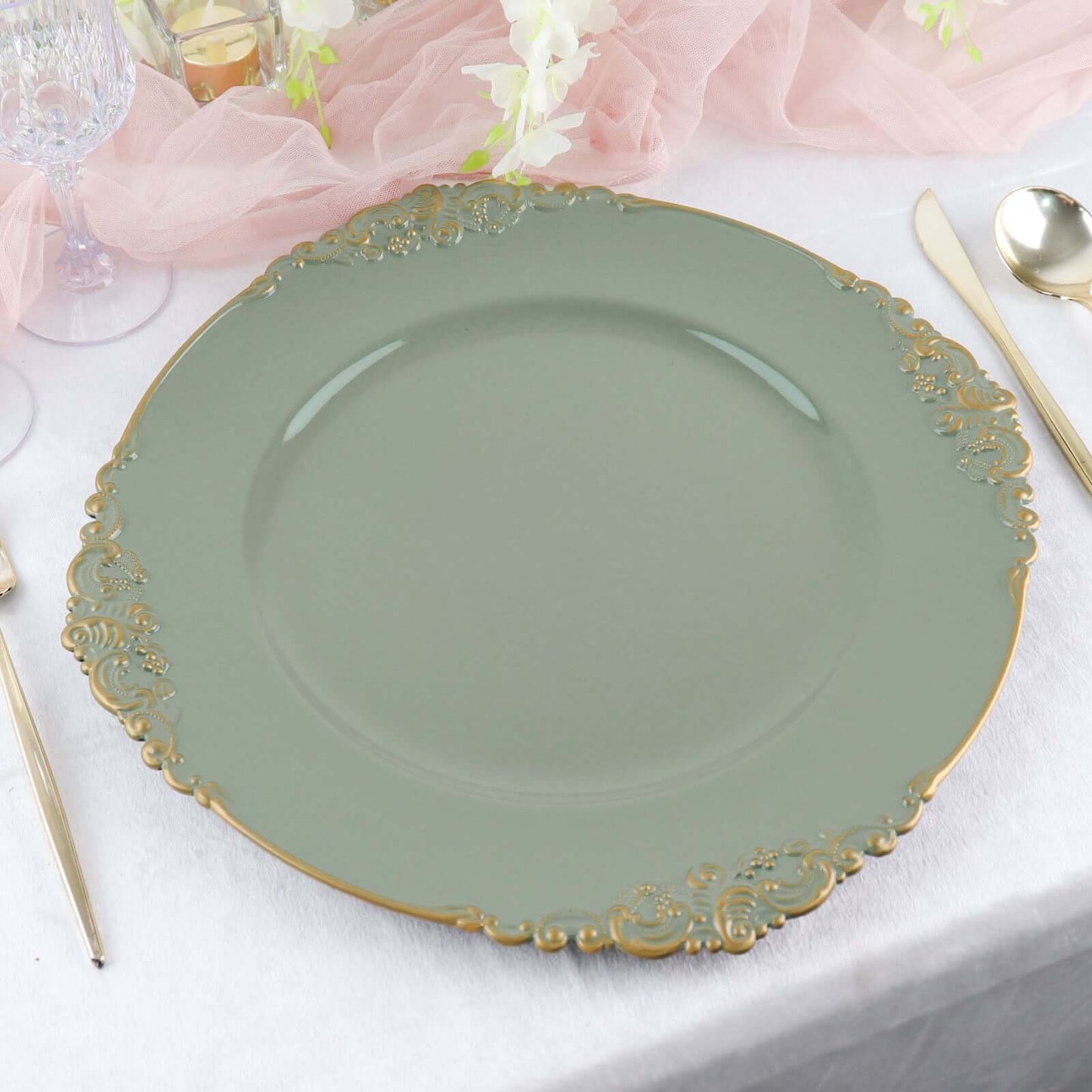 6-Pack Acrylic Round Charger Plates 13" in Dusty Sage Green with Gold Embossed Baroque Rim, Antique Decorative Dinner Party Charger Tableware