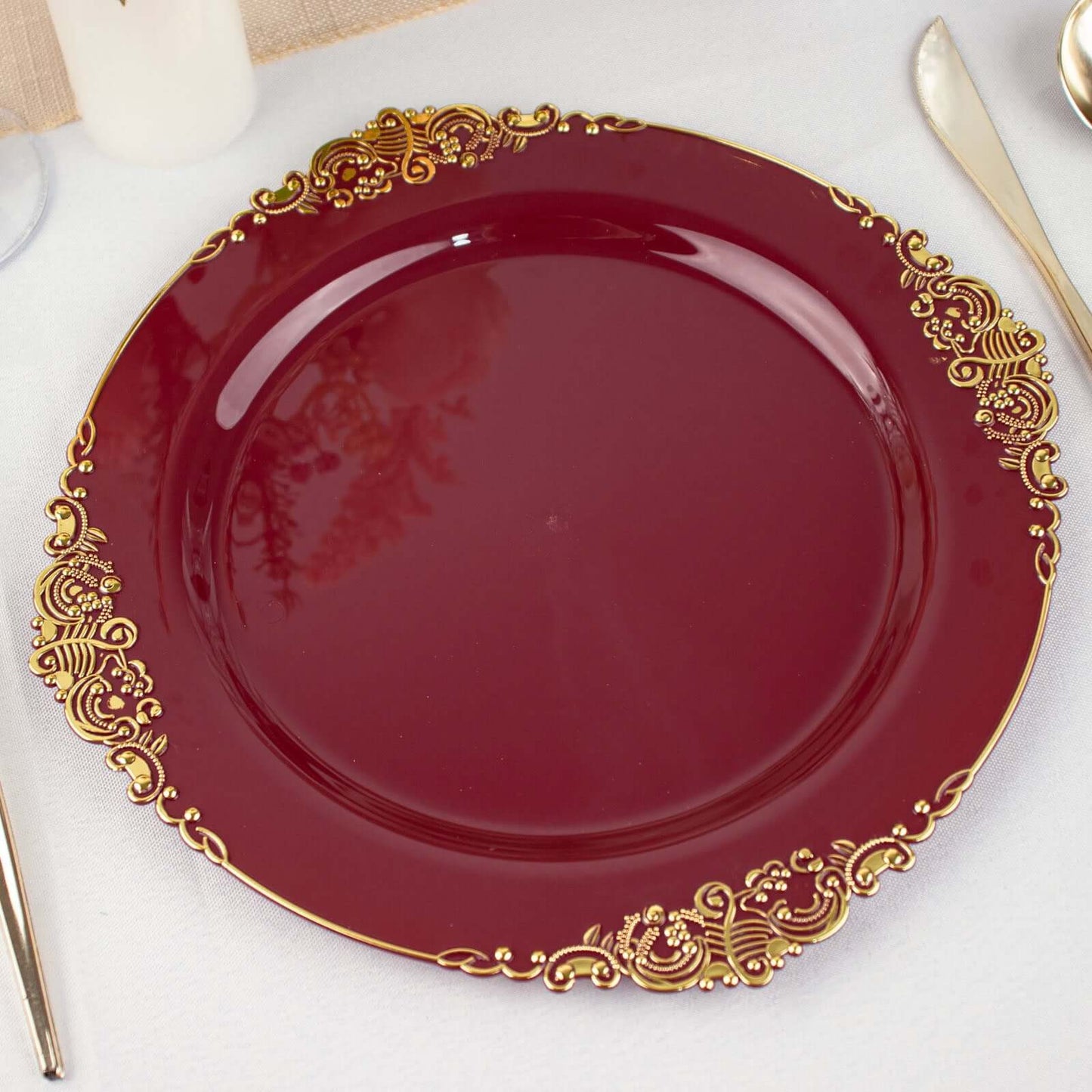 10-Pack Plastic 10" Round Dinner Plates in Burgundy with Gold Leaf Embossed Rim - Disposable Vintage Baroque Style Plates