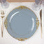 10-Pack Plastic 10" Round Dinner Plates in Dusty Blue with Gold Leaf Embossed Rim - Disposable Vintage Baroque Style Plates