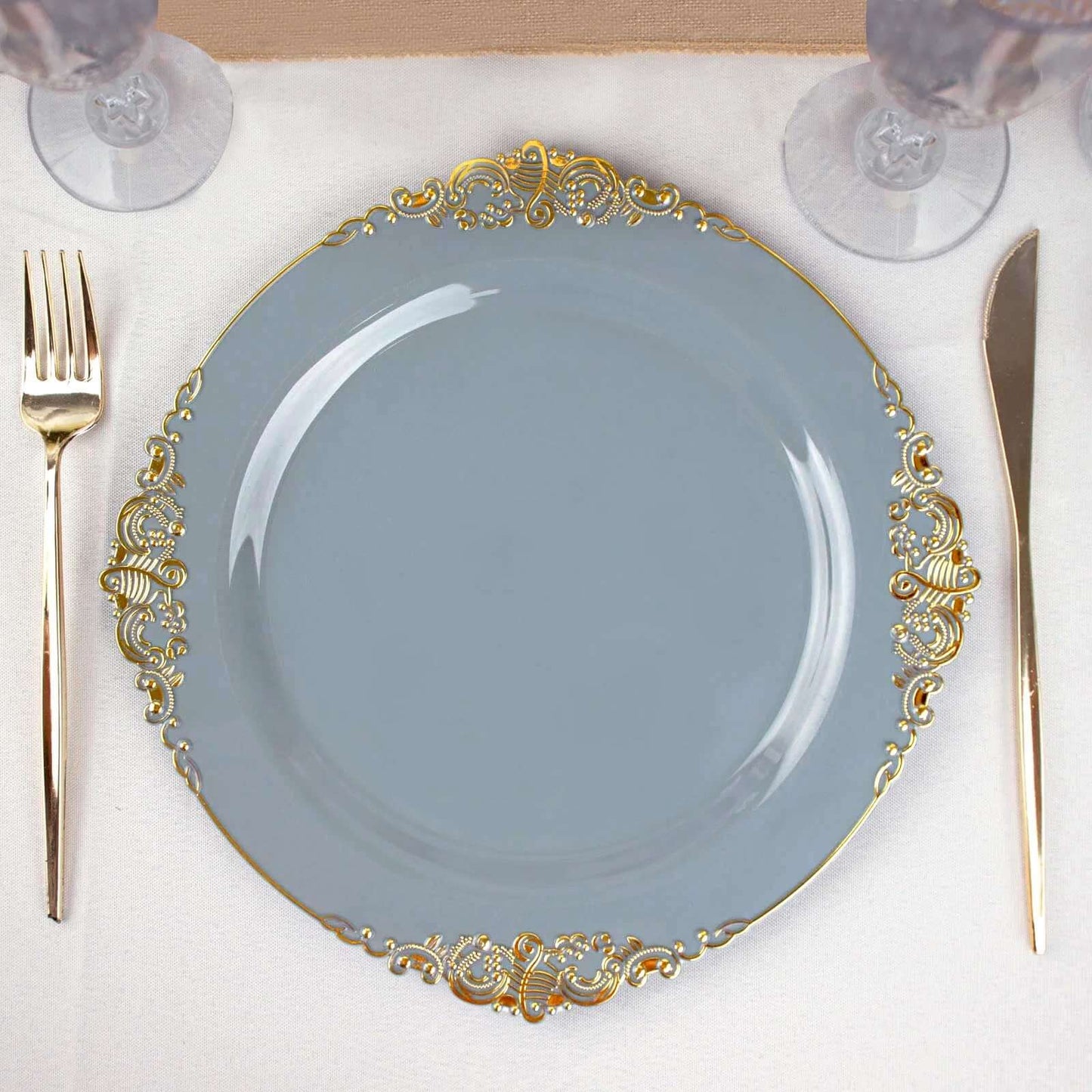 10-Pack Plastic 10" Round Dinner Plates in Dusty Blue with Gold Leaf Embossed Rim - Disposable Vintage Baroque Style Plates
