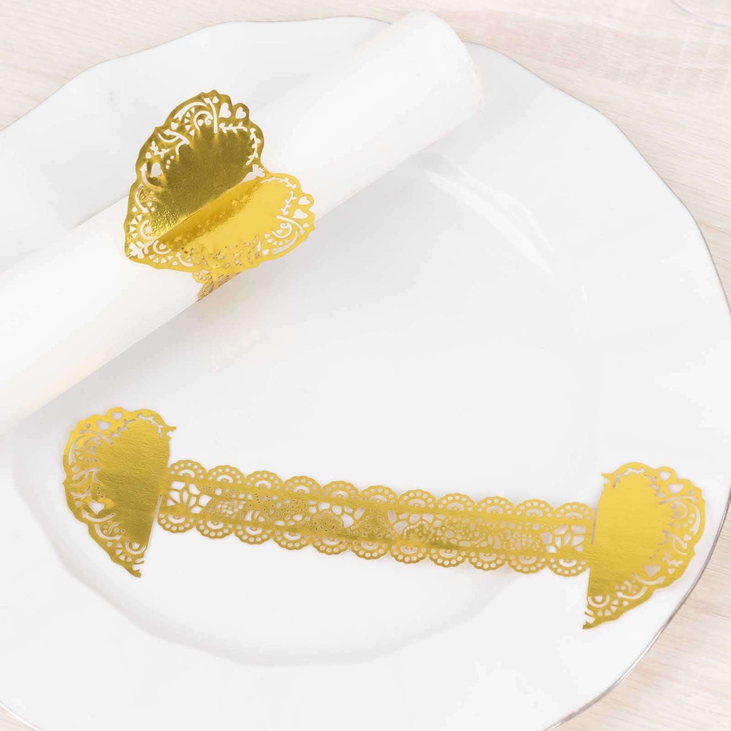 12 Pack Metallic Gold Foil Laser Cut Heart Paper Napkin Holders with Lace Pattern, Disposable Napkin Rings Bands