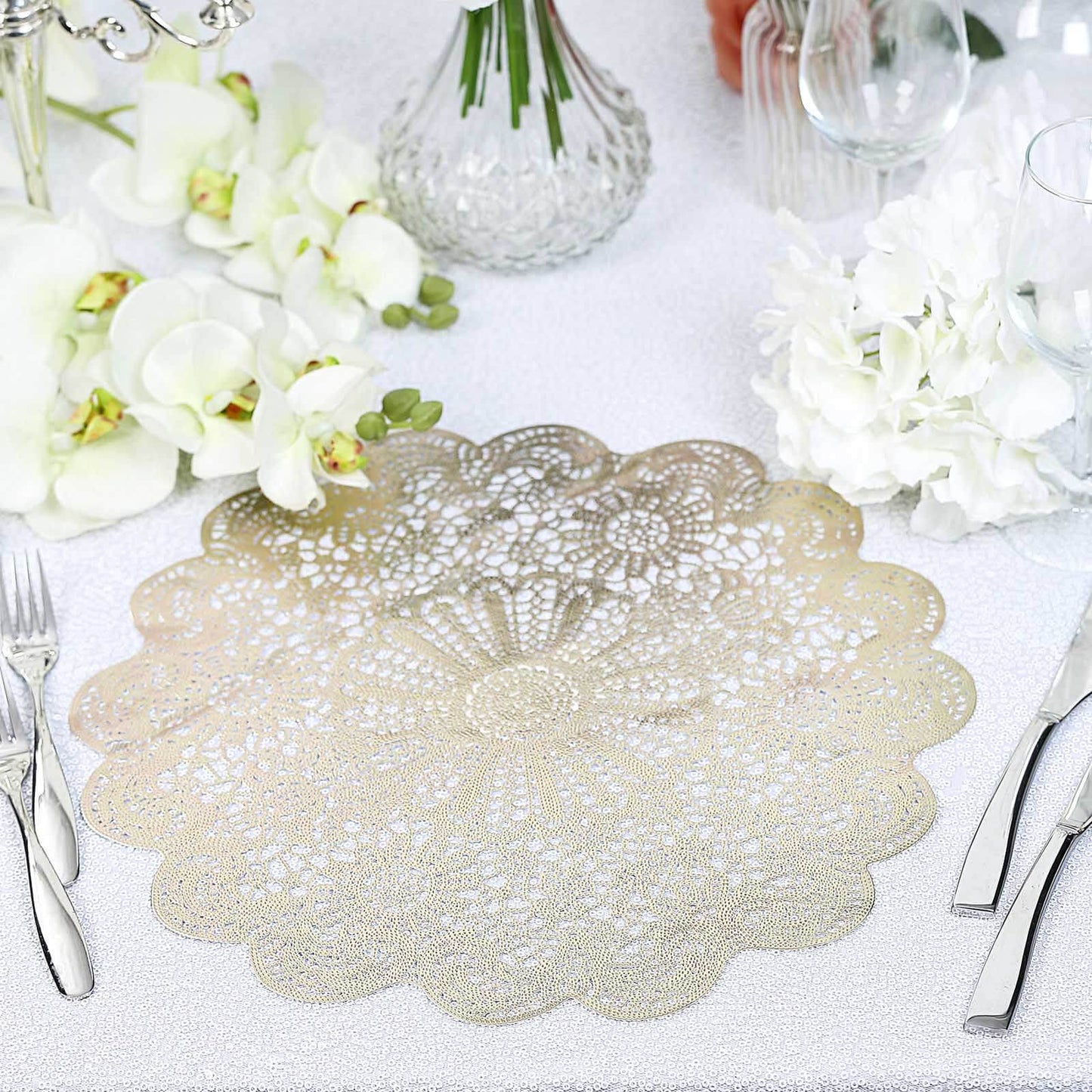 6-Pack Dining Table Mats Floral Lace Design Gold - Vinyl Non-Slip Surface with Vintage Appeal 15"