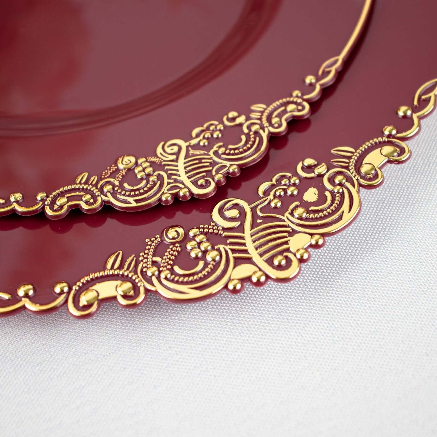 10-Pack Plastic 8" Round Dessert Plates in Burgundy with Gold Leaf Embossed Rim for Gatherings & Events
