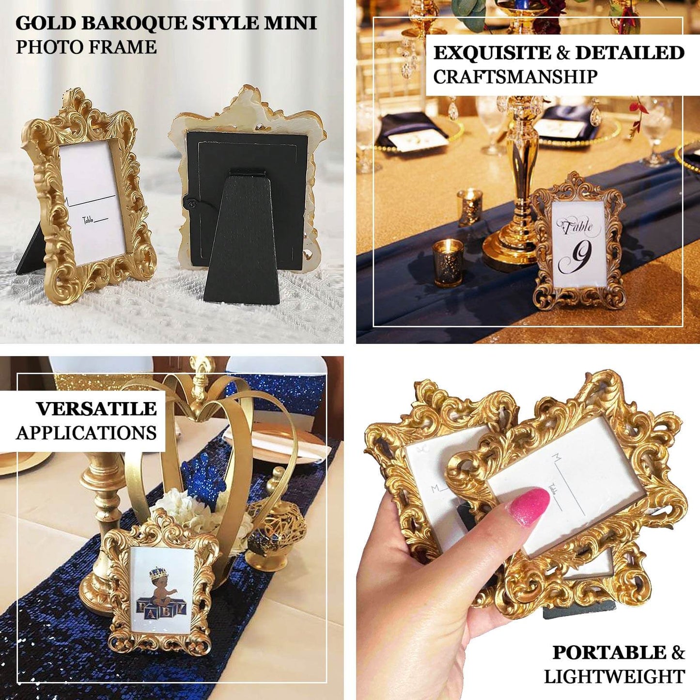 4-Pack Picture Frames Gold Resin Vintage Ornate Design Rectangle - Mini Photo Frame Wedding Place Card Holders & Party Favors 4"x3"