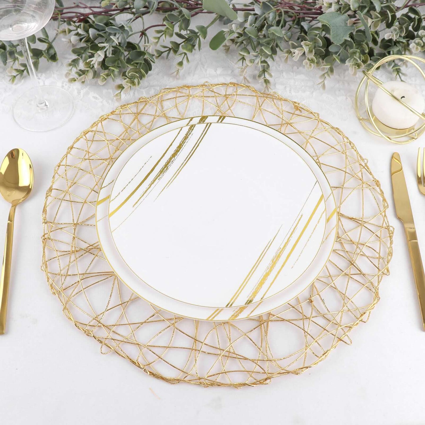 6-Pack Table Placemats Woven Fiber Design Gold Round - Disposable Mats for Dining and Events 15"