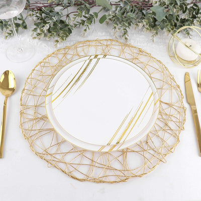 6-Pack Table Placemats Woven Fiber Design Gold Round - Disposable Mats for Dining and Events 15"
