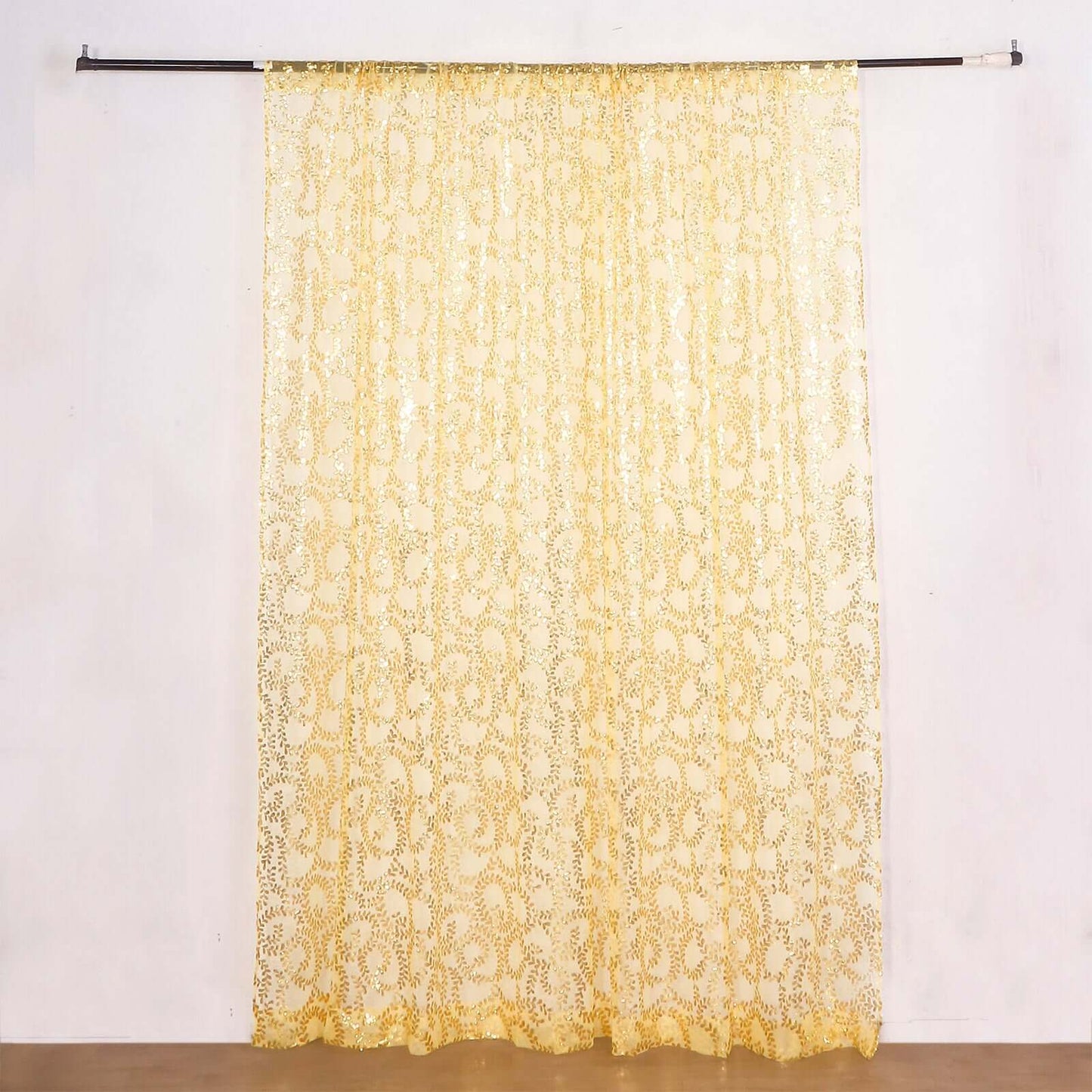 8ftx8ft Gold Embroider Sequin Event Curtain Drapes, Sparkly Sheer Backdrop Event Panel With Embroidery Leaf