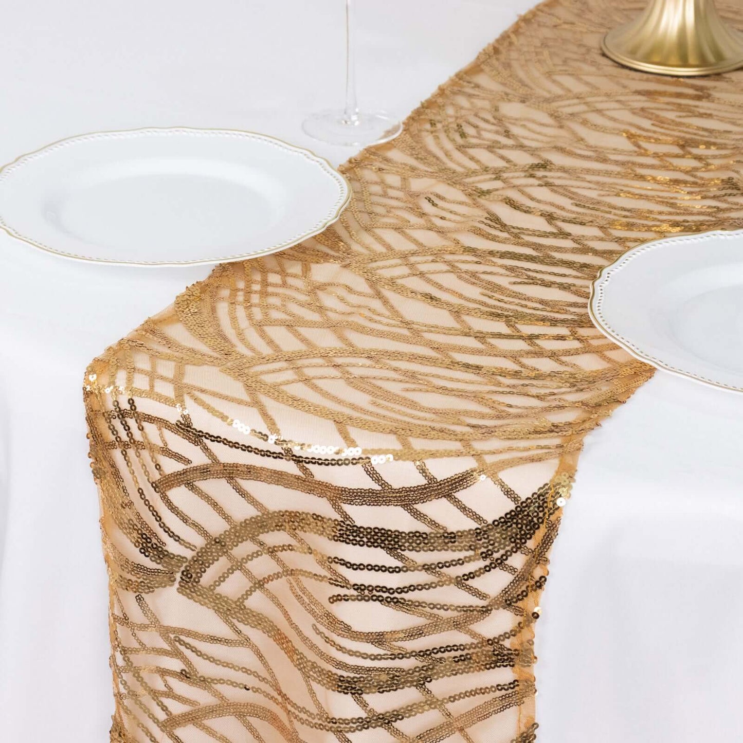 Sequin Mesh 12"x108" Table Runner Gold Wave Embroidered Design for Stylish Occasions