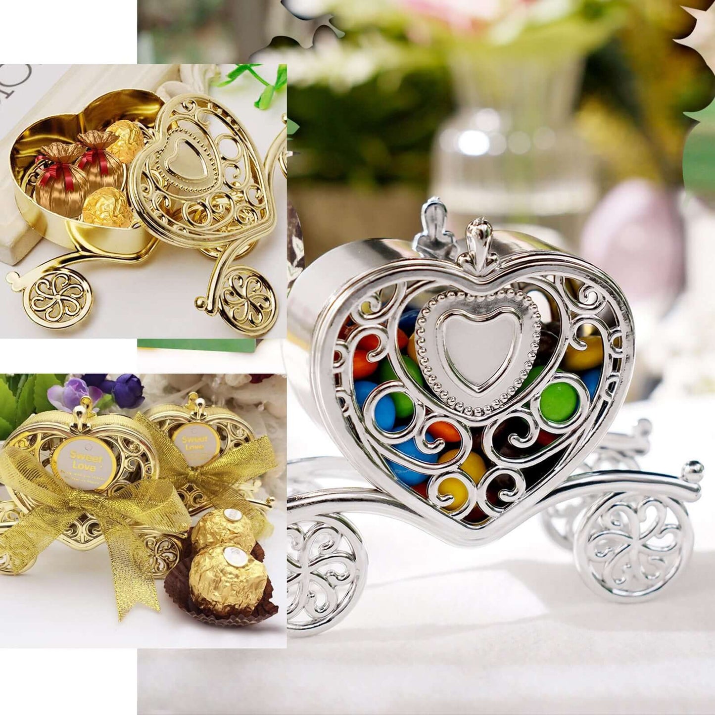 12-Pack Heart Carriage Candy Container Gift Boxes Silver Princess - Stylish Favor Boxes for Special Occasions 4"