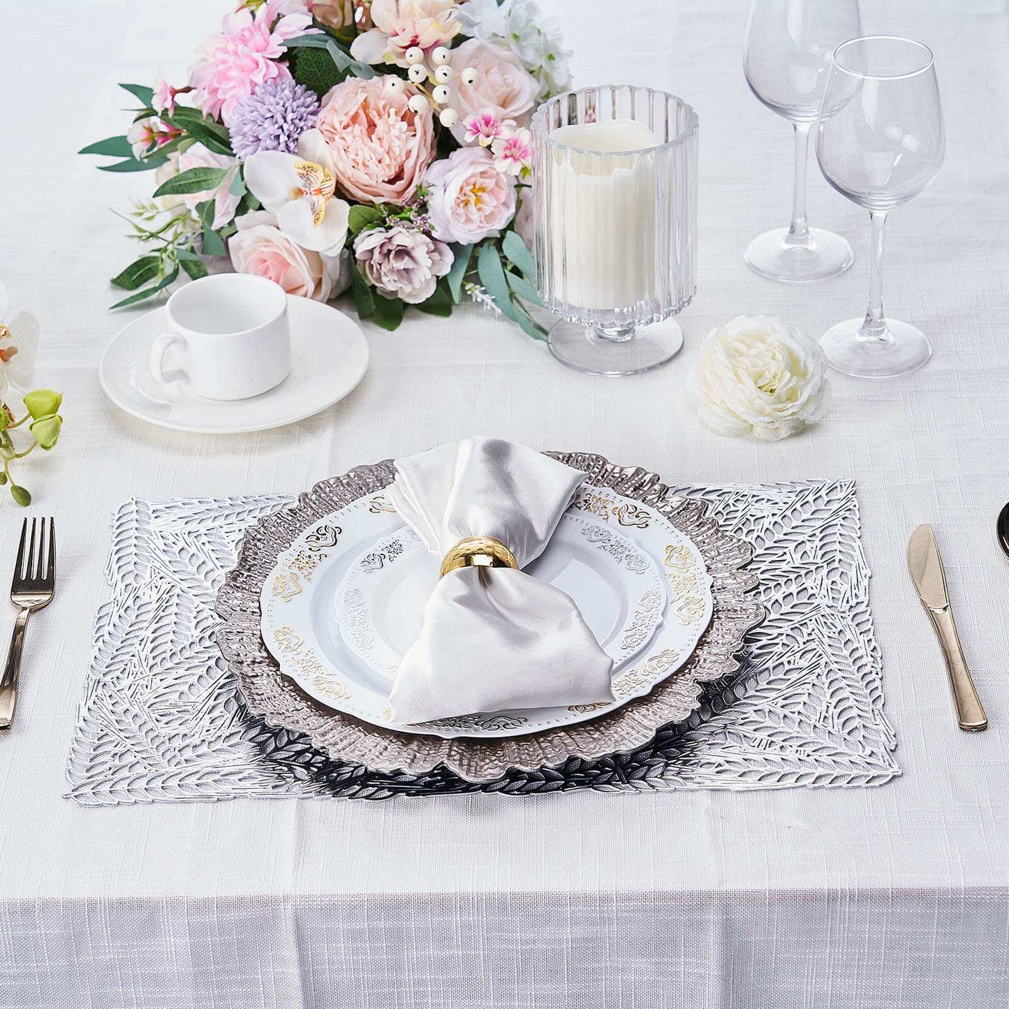 6-Pack Table Mats Wheat Design Silver - Vinyl Rectangle Non-Slip Surface for Stylish Settings 12"x18"