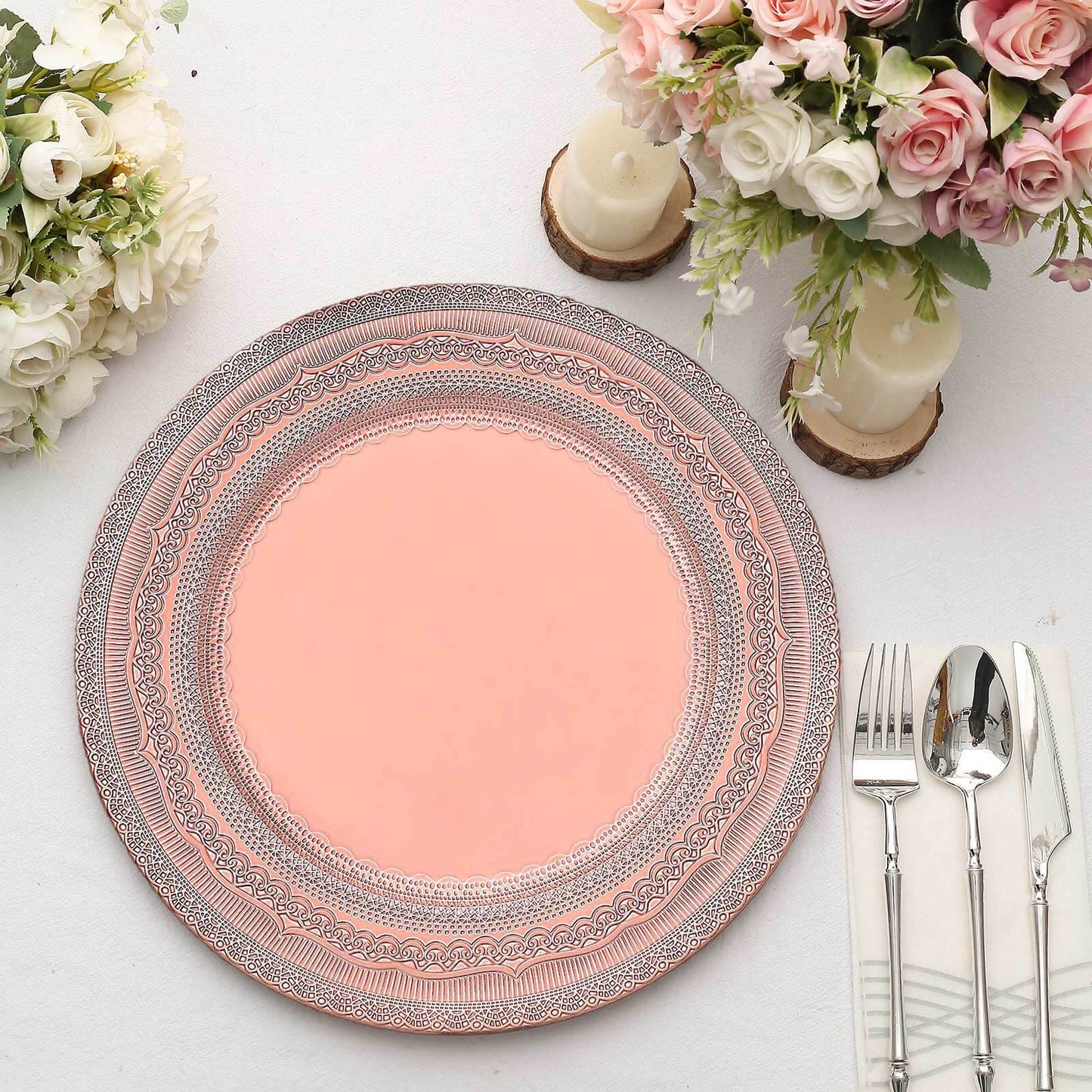 6-Pack Acrylic Round Charger Plates 13" in Rose Gold with Lace Embossed Rim, Rustic Plastic Decorative Charger Tableware