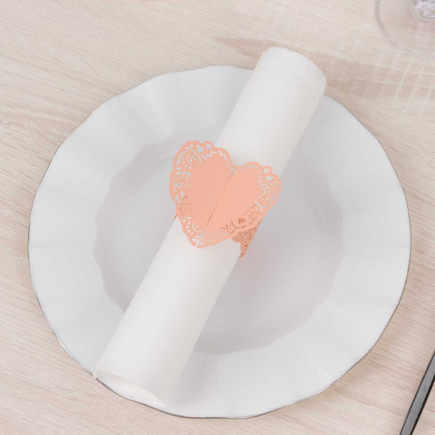 12 Pack Blush Shimmery Laser Cut Heart Paper Napkin Holders with Lace Pattern, Disposable Napkin Rings Bands