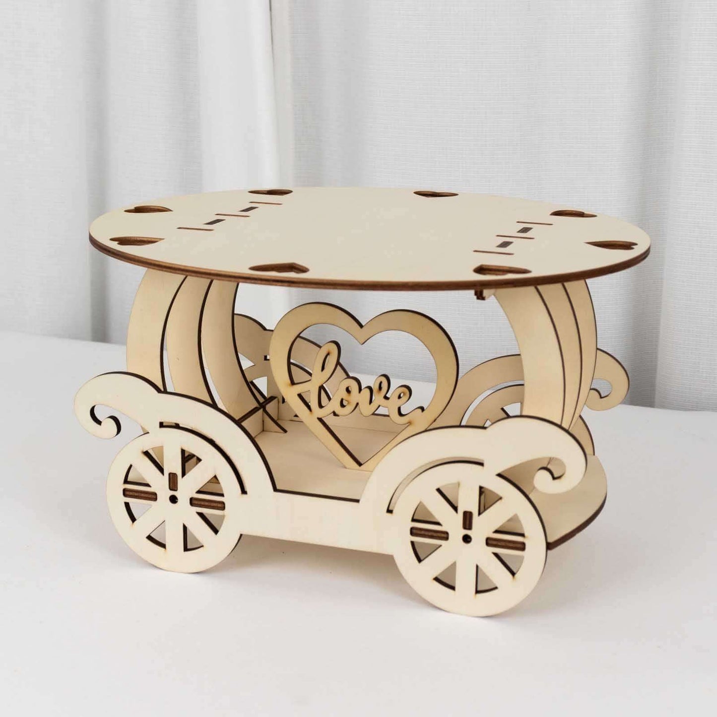 Wooden Wedding Cake Stand Carriage Shape Natural with Laser Cut Design - Round Cupcake Holder Display Plate 12"