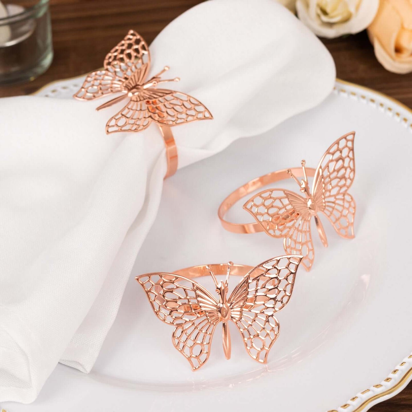 4 Pack Rose Gold Metal Butterfly Napkin Rings, Decorative Laser Cut Cloth Napkin Holders