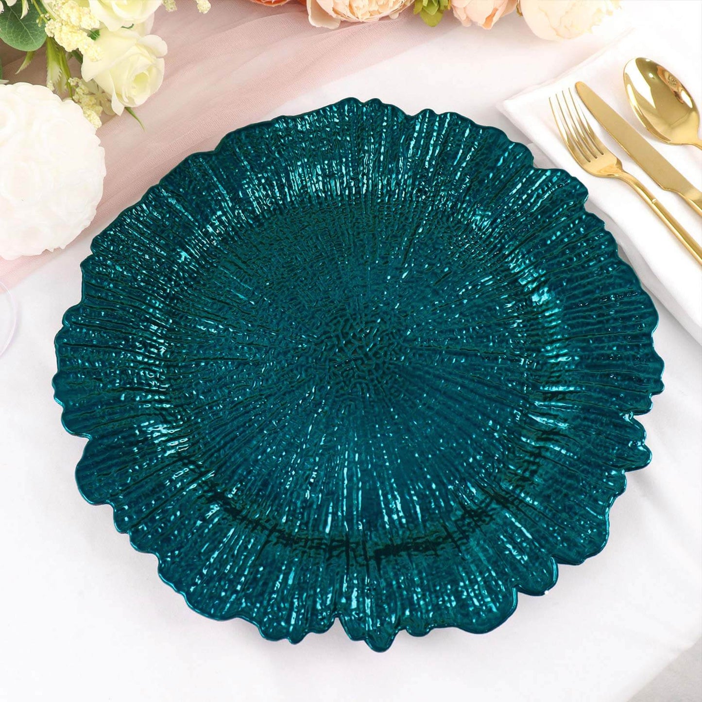 6-Pack Acrylic Plastic Round Charger Plates 13" in Peacock Teal with Reef Design, Dinner Charger Tableware