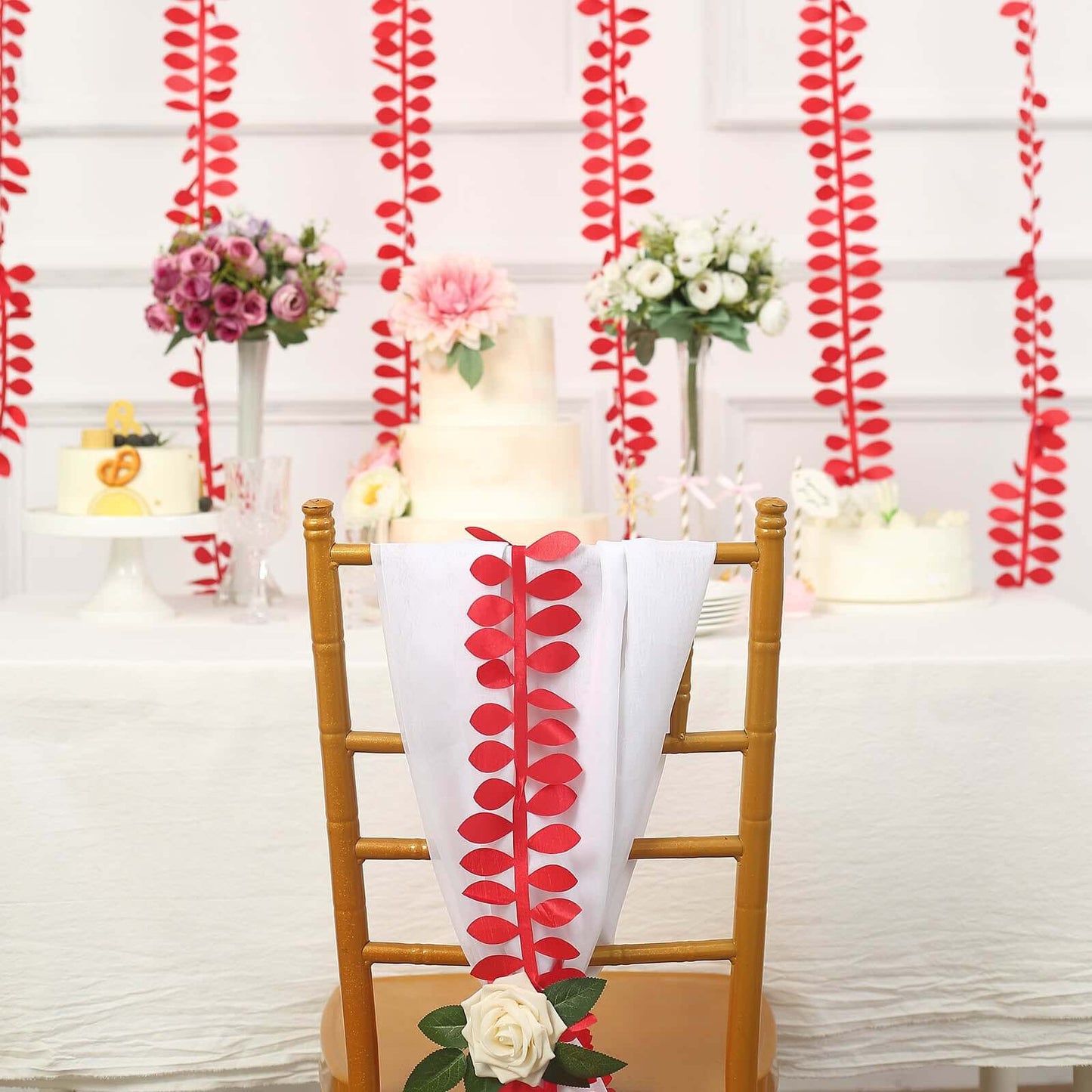 Taffeta Ribbon Sash with 4" Leaf Petal Design Red 50ft - Sophisticated Artificial Fabric Garland