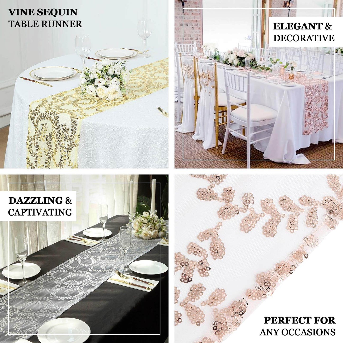 Mesh 12"x108" Table Runner Rose Gold - Leaf Vine Embroidery